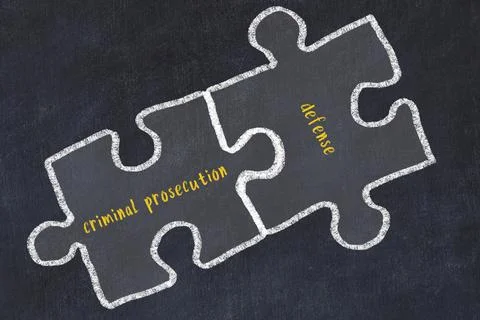 Chalk drawing of two puzzles with words criminal prosecution and defense. Con 스톡 일러스트