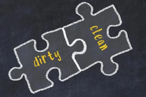 Chalk drawing of two puzzles with words dirty and clean. Concept of solving p Stock Illustration