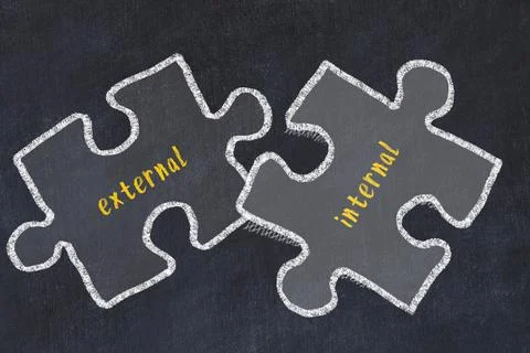 Chalk drawing of two puzzles with words external and internal. Concept of sol Stock Illustration