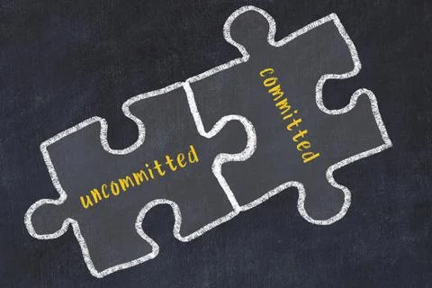 Chalk drawing of two puzzles with words uncommitted and committed. Concept of 스톡 일러스트