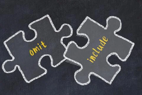 Chalk drawing of two puzzles with words omit and include. Concept of solving  Stock Illustration
