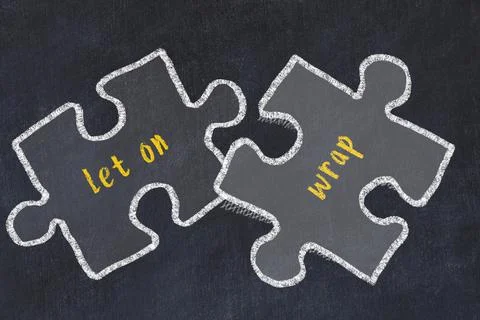 Chalk drawing of two puzzles with words let on and wrap. Concept of solving p Stock Illustration