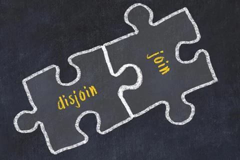 Chalk drawing of two puzzles with words disjoin and join. Concept of solving  Stock Illustration