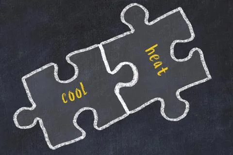 Chalk drawing of two puzzles with words cool and heat. Concept of solving pro Stock Illustration