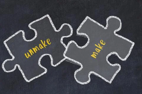 Chalk drawing of two puzzles with words unmake and make. Concept of solving p Stock Illustration