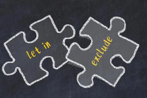 Chalk drawing of two puzzles with words let in and exclude. Concept of solvin Stock Illustration