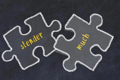 Chalk drawing of two puzzles with words slender and much. Concept of solving  イラスト素材