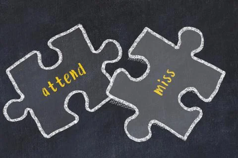 Chalk drawing of two puzzles with words attend and miss. Concept of solving p Stock Illustration
