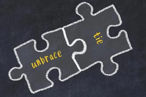 Chalk drawing of two puzzles with words unbrace and tie. Concept of solving p Stock Illustration