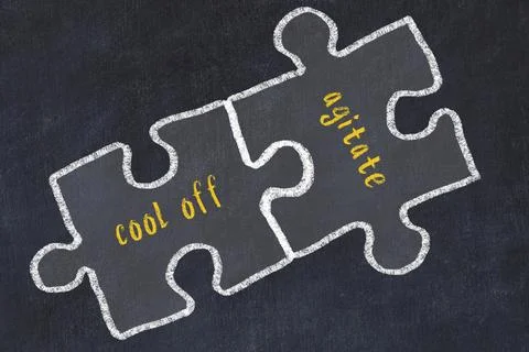 Chalk drawing of two puzzles with words cool off and agitate. Concept of solv Stock Illustration