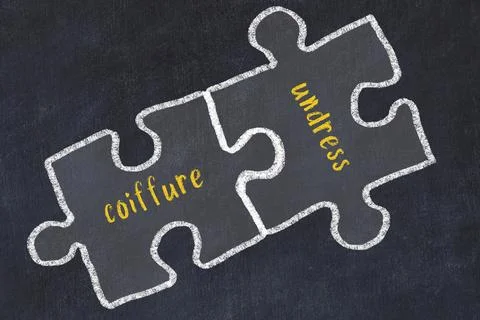 Chalk drawing of two puzzles with words coiffure and undress. Concept of solv Stock Illustration