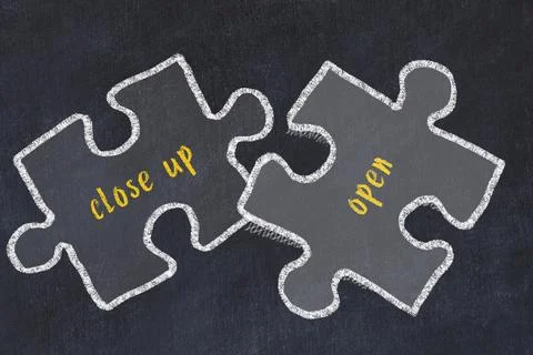 Chalk drawing of two puzzles with words close up and open. Concept of solving Stock Illustration