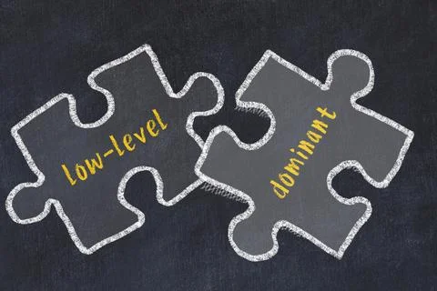 Chalk drawing of two puzzles with words low-level and dominant. Concept of so 스톡 일러스트
