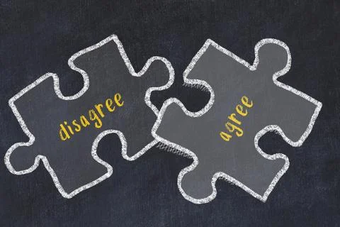 Chalk drawing of two puzzles with words disagree and agree. Concept of solvin Stock Illustration