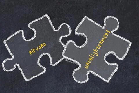 Chalk drawing of two puzzles with words nirvana and unenlightenment. Concept  写真素材