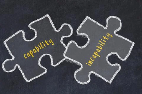 Chalk drawing of two puzzles with words capability and incapability. Concept  Photos