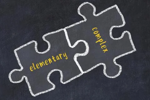 Chalk drawing of two puzzles with words elementary and complex. Concept of so Stock Photos