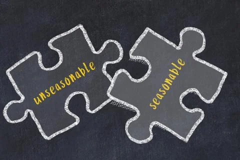 Chalk drawing of two puzzles with words unseasonable and seasonable. Concept  Stock Photos