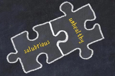 Chalk drawing of two puzzles with words salubrious and unhealthy. Concept of  Stock Photos