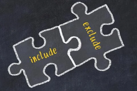 Chalk drawing of two puzzles with words include and exclude. Concept of solvi Stock Photos