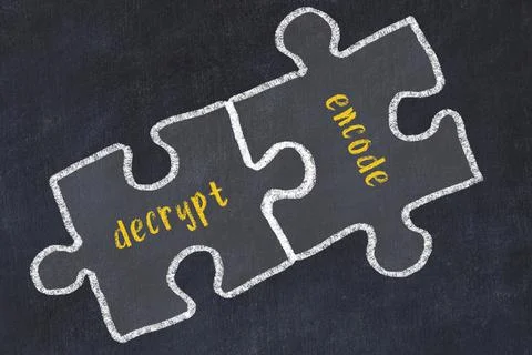 Chalk drawing of two puzzles with words decrypt and encode. Concept of solvin Foto stock
