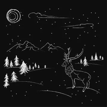 A chalk drawing is a winter forest and deer and mountains on a moonlit night Stock Illustration