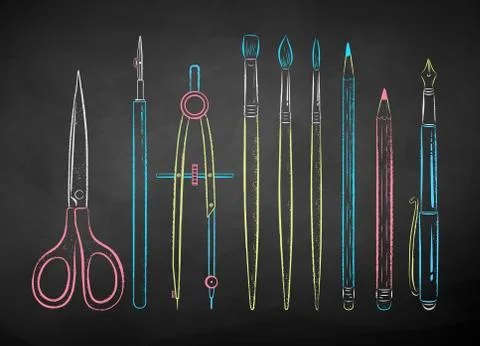Chalk drawn collection of drawing tools Stock Illustration