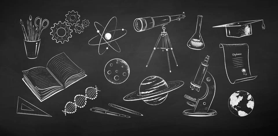 Chalk drawn illustration set of science objects Stock Illustration