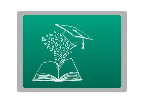 Chalk drawn objects on green chalkboard. Set of open book, numbers and educat Stock Illustration