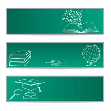 Chalk drawn objects on green chalkboard. Banners set of open book, numbers, g Stock Illustration