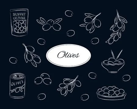 Chalk drawn olive set Stock Illustration
