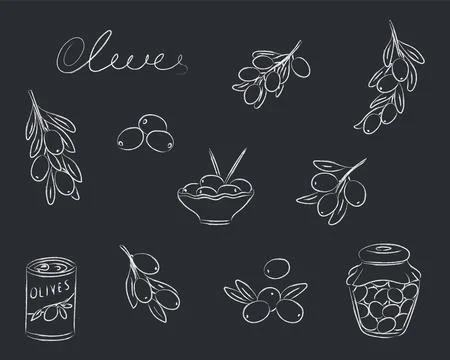 Chalk drawn olives on a black background. Stock Illustration