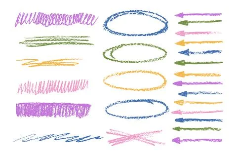 Chalk emphasis figure set. Crayon underline and arrows. Pencil scribble lines Stock Illustration