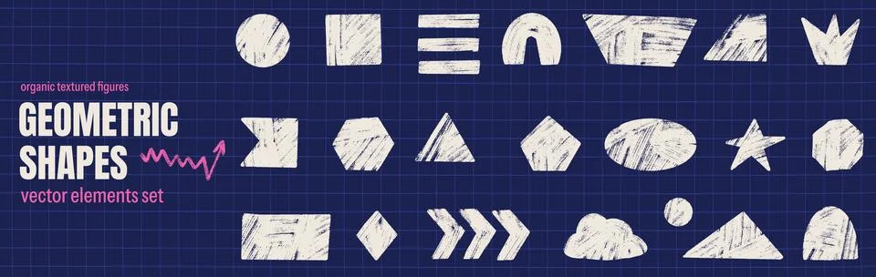 Chalk geometric shape figures with spray paint texture on paper for kids Stock Illustration
