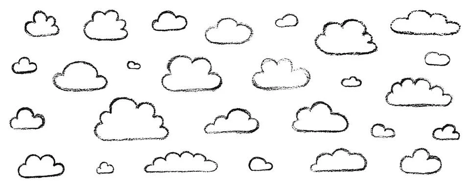 Chalk grunge cloud set. Hand drawn vector stock kid crayon illustration isolated Illustrazione stock