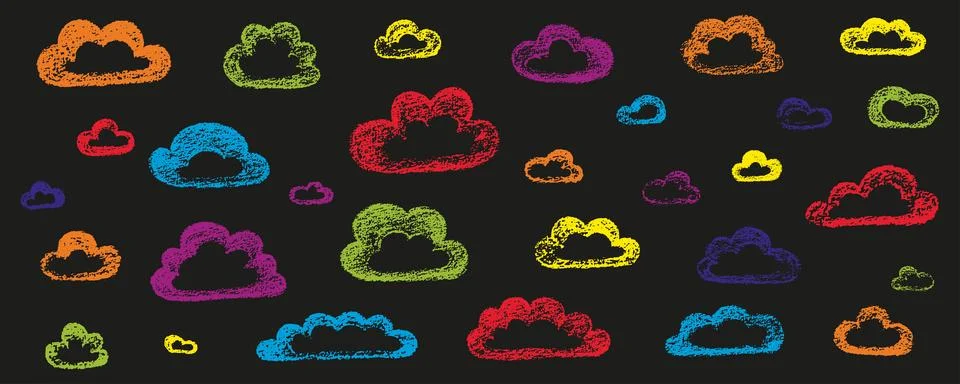 Chalk grunge cloud set. Hand drawn vector stock kid crayon illustration isolated Illustrazione stock