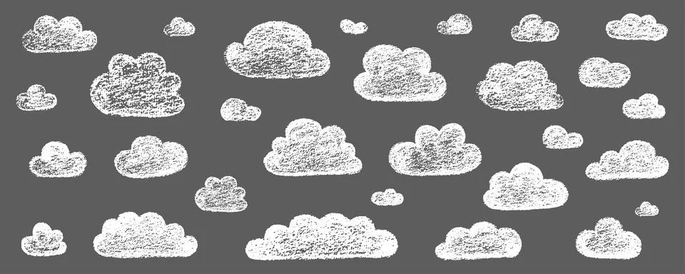 Chalk grunge cloud set. Hand drawn vector stock kid crayon illustration isolated Illustrazione stock
