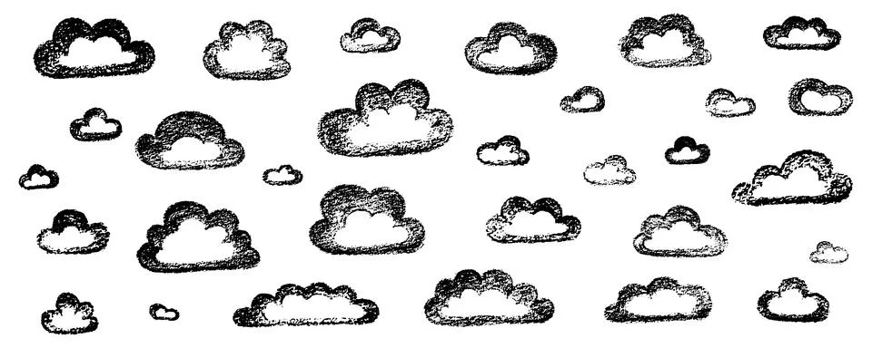 Chalk grunge cloud set. Hand drawn vector stock kid crayon illustration isolated Illustrazione stock