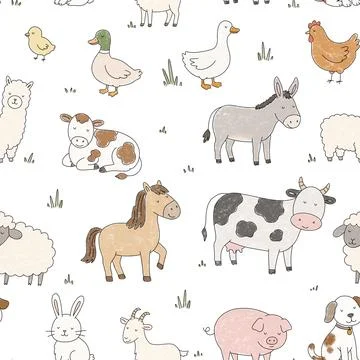 Chalk hand drawn barnyard seamless pattern Stock Illustration