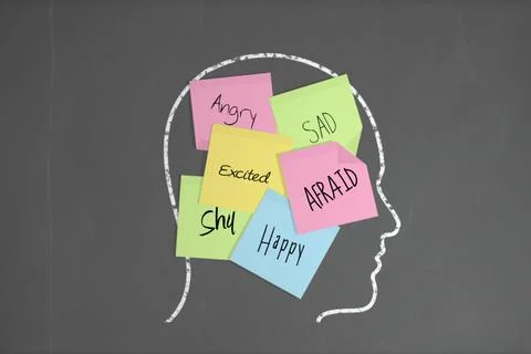 Chalk head with emotion post it notes Stock Photos