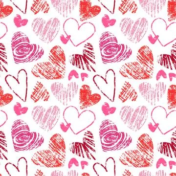 Chalk hearts seamless pattern. Various Crayon heart repeatable background 스톡 일러스트