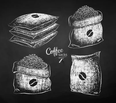 Chalk illustrations of sacks with coffee beans Stock Illustration