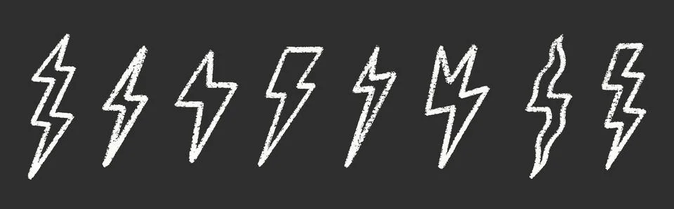 Chalk Lightning Bolt Blackboard Vector Set. Crayon Scribble Blizzard Shapes Stock Illustration