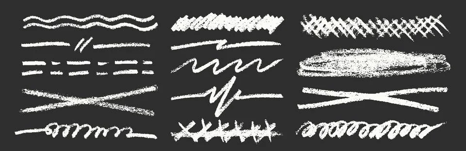 Chalk Line Stroke Blackboard Vector Set. Crayon Scribble Underline Shapes Illustrazione stock