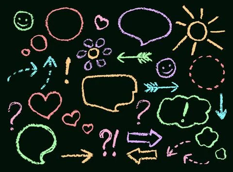 Chalk or crayon hand drawing funny doodle speech bubbles, arrows Stock Illustration