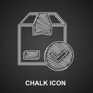 Chalk Package box with check mark icon isolated on black background. Parcel box Illustrazione stock