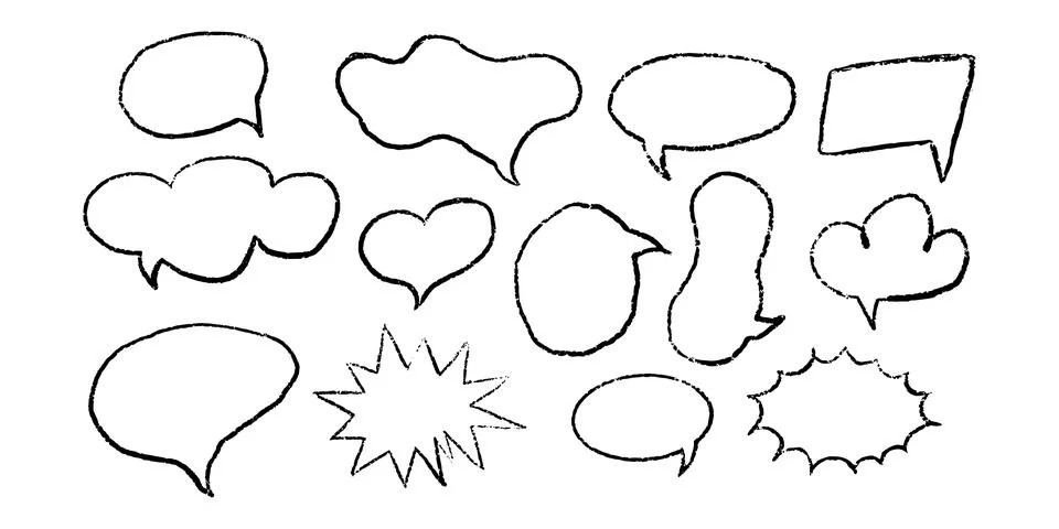 Chalk pencil speech bubble doodle set. Crayon drawn comic talk balloons and.. 스톡 일러스트