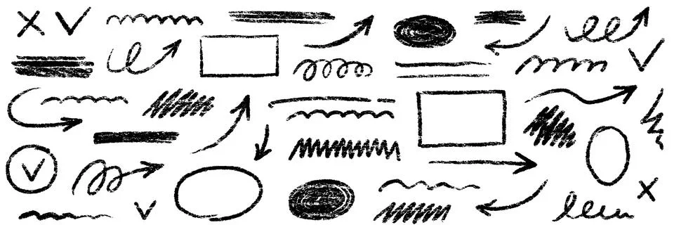 Chalk scribble arrow, line brush set. Crayon arrow, underline, handwritten mark Stock Illustration