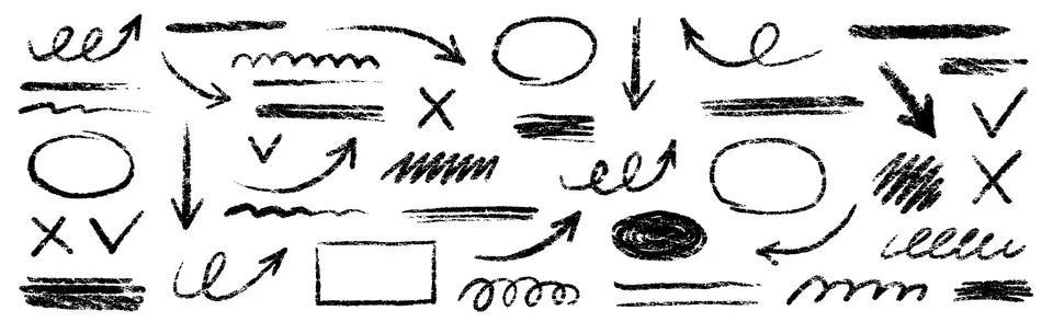Chalk scribble arrow, line brush set. Crayon arrow, underline, handwritten mark Stock Illustration
