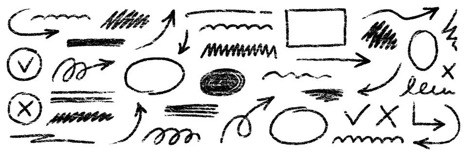 Chalk scribble arrow, line brush set. Crayon arrow, underline, handwritten mark Stock Illustration